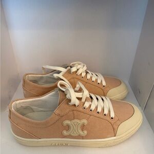 Celine Tan Canvas Sneakers with Cream Details